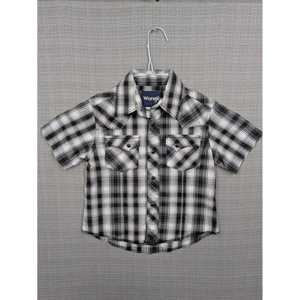 Wrangler Shirt Kids XXS Gray Plaid Short Sleeve Snap Button Up Western Cowboy